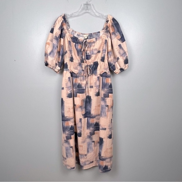 Universal Thread 100% cotton puff sleeve peach & blue midi dress, small. - Picture 2 of 10